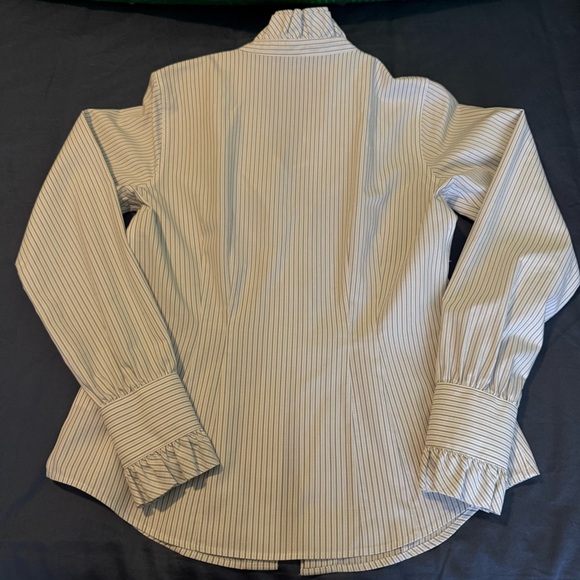 NWT Brooks Brothers White and Light Blue Pinstripe Ruffle-Neck Button Blouse 6 - Picture 7 of 8